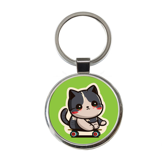 Cat Riding Skateboard Skater Kawaii Cute Round Metal Keychain