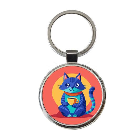 Cat Sipping Tea Round Metal Keychain