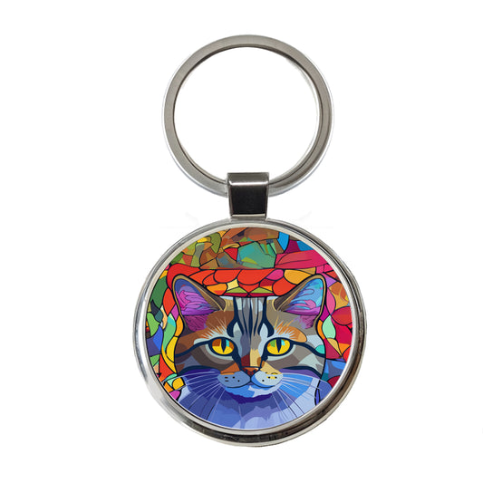Cat Stained Glass Style Round Metal Keychain