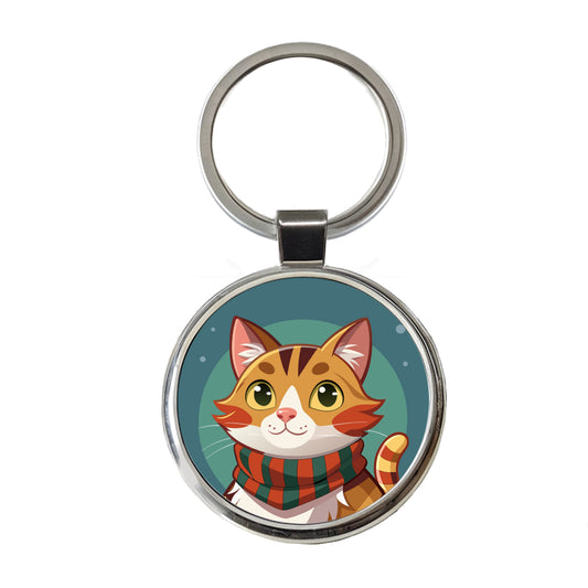 Cat Tabby Wearing Winter Scarf Round Metal Keychain