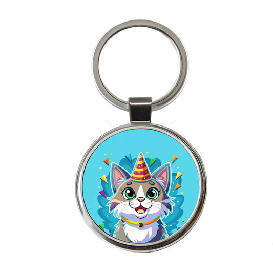 Cat Wearing Birthday Hat Round Metal Keychain