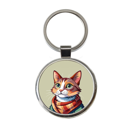 Cat Wearing Scarf Round Metal Keychain