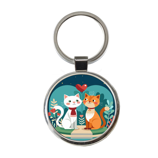 Cats in Love Anniversary Wedding Valentines Day Round Metal Keychain