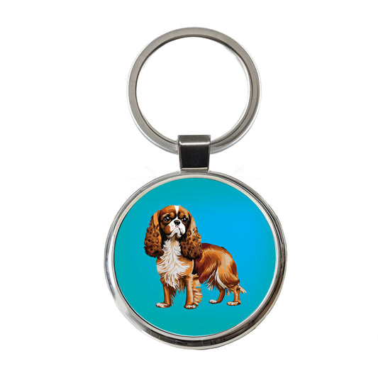 Cavalier King Charles Spaniel Dog Blenheim Watercolor Round Metal Keychain