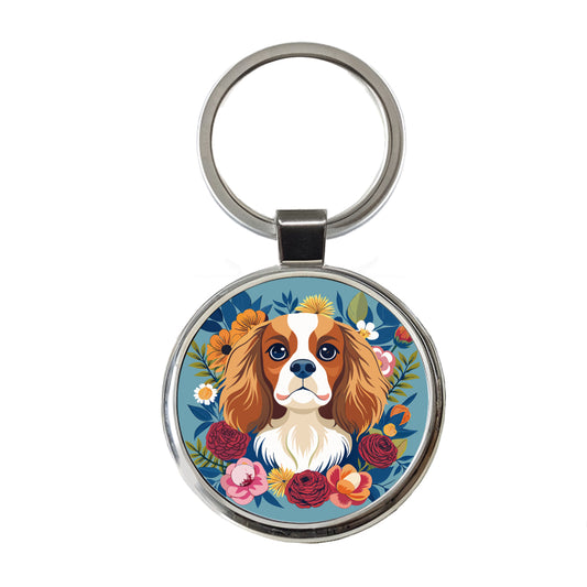 Cavalier King Charles Spaniel Dog Floral Flowers Round Metal Keychain