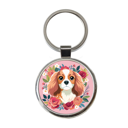 Cavalier King Charles Spaniel Dog Pink Floral Flowers Round Metal Keychain