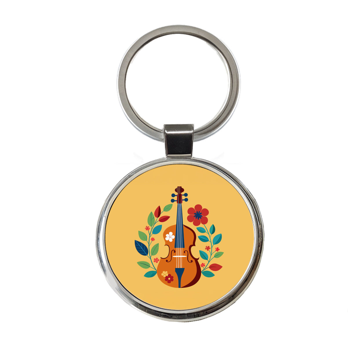 Cello Floral Motif Music Round Metal Keychain
