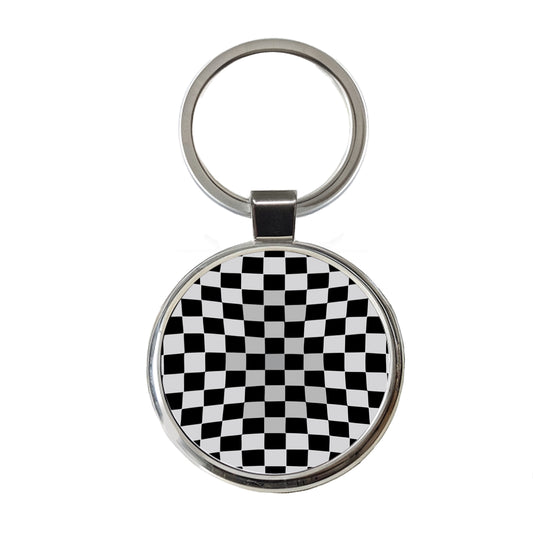 Checkered Flag Black White Round Metal Keychain