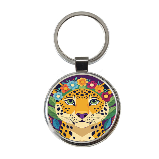 Cheetah Head Floral Flowers Round Metal Keychain