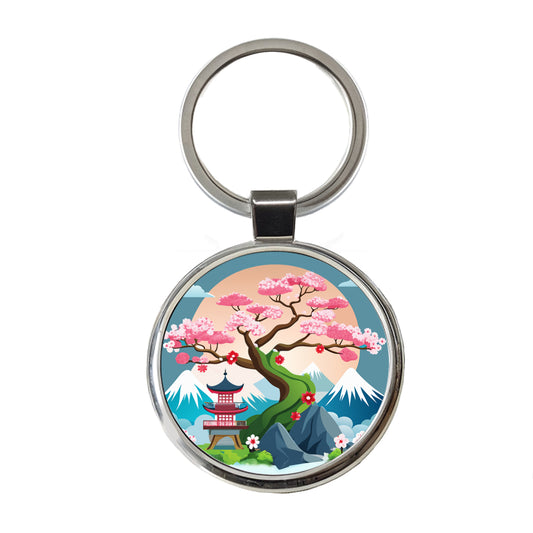 Cherry Blossom Tree Japanese Garden Round Metal Keychain