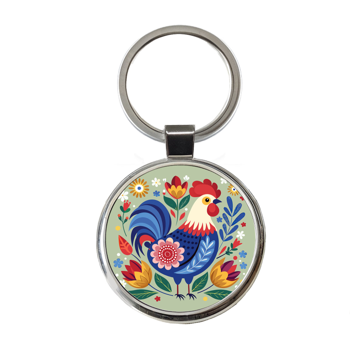 Chicken Rooster Floral Flowers Round Metal Keychain