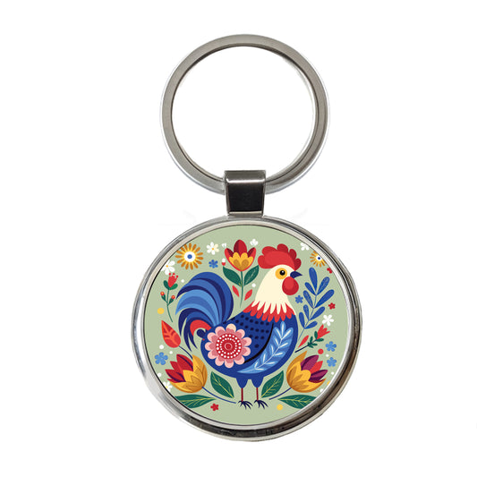 Chicken Rooster Floral Flowers Round Metal Keychain