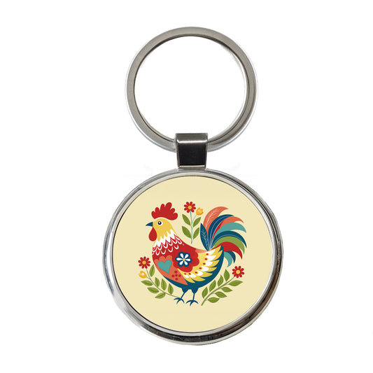 Chicken Rooster Flowers Round Metal Keychain