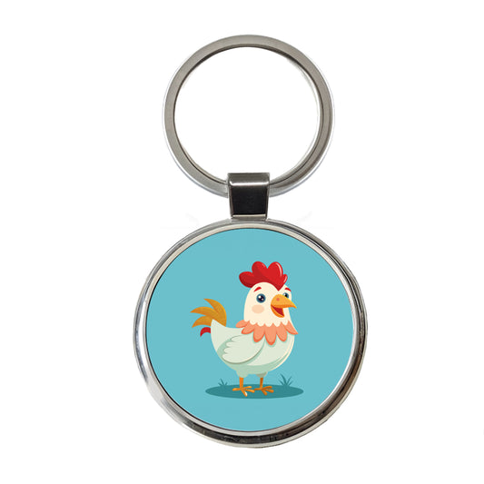 Chicken Rooster Happy Round Metal Keychain