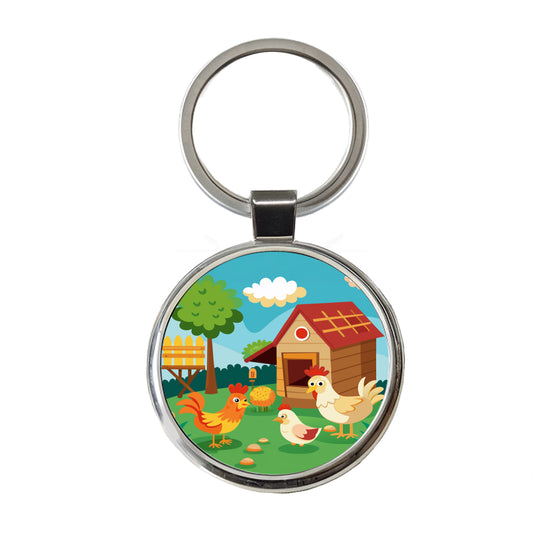 Chickens and Coop Cute Round Metal Keychain