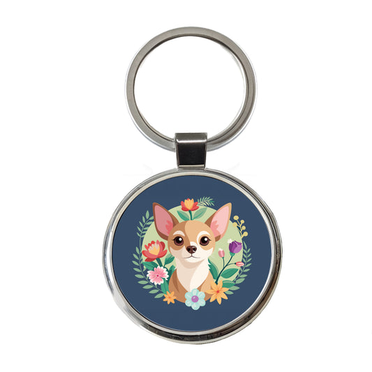 Chihuahua Dog Floral Flowers Round Metal Keychain