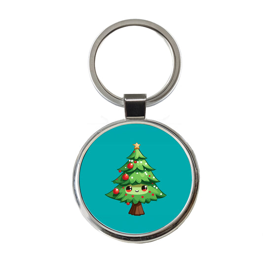 Christmas Tree Chibi Round Metal Keychain