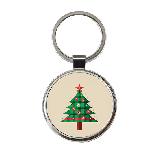 Christmas Tree Plaid Round Metal Keychain