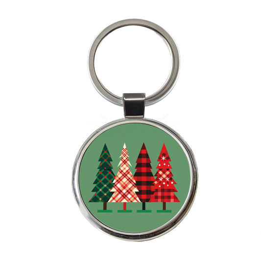 Christmas Trees Plaid Modern Cute Round Metal Keychain