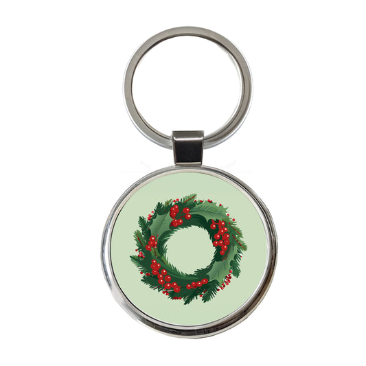 Christmas Wreath Holly Round Metal Keychain