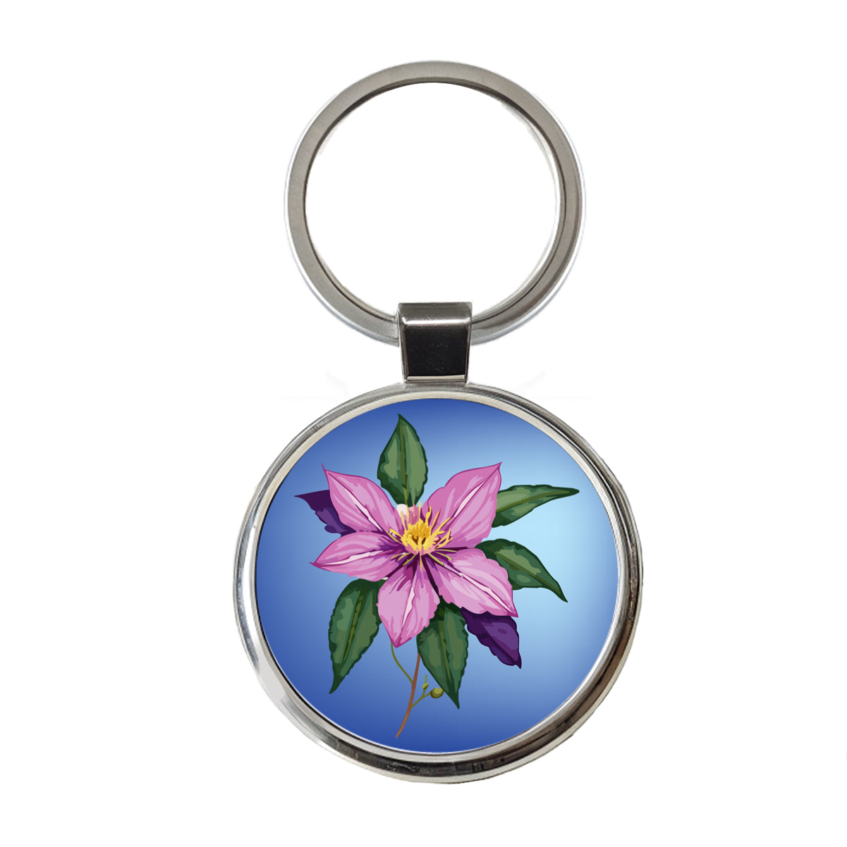 Clematis Flower Purple Watercolor Round Metal Keychain
