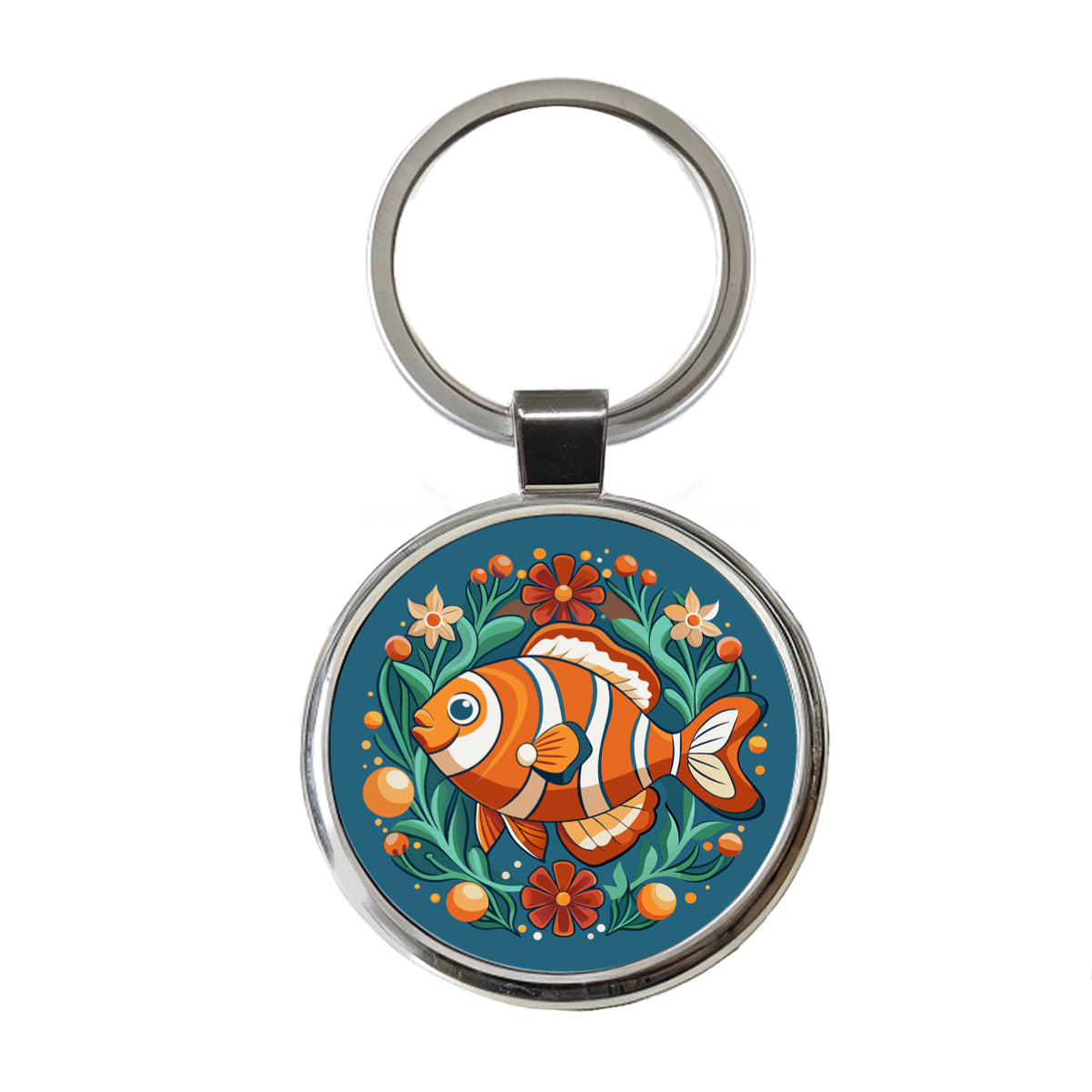 Clownfish Floral Flowers Round Metal Keychain