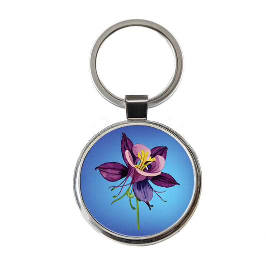 Columbine Flower Watercolor Purple Round Metal Keychain
