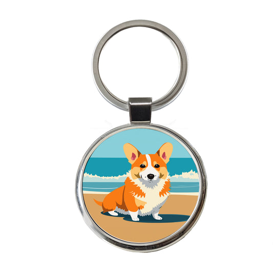 Corgi Dog on the Beach Ocean Round Metal Keychain