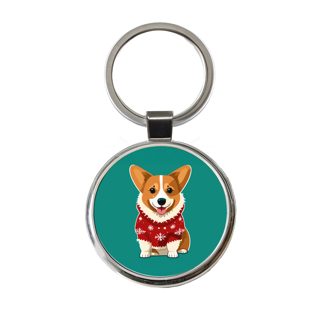 Corgi Wearing Christmas Sweater Round Metal Keychain