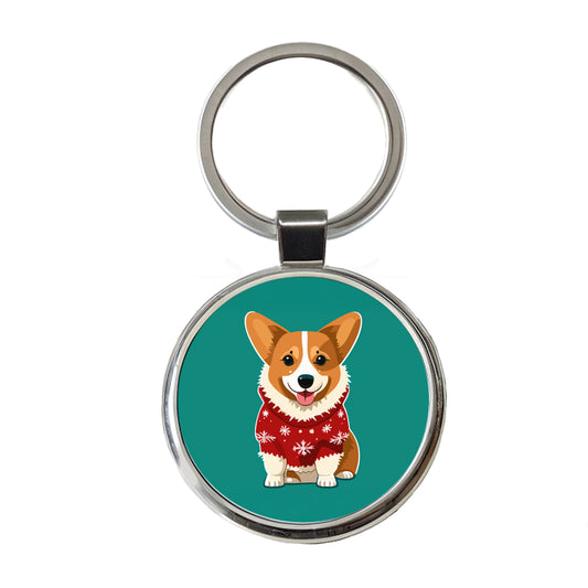 Corgi Wearing Christmas Sweater Round Metal Keychain