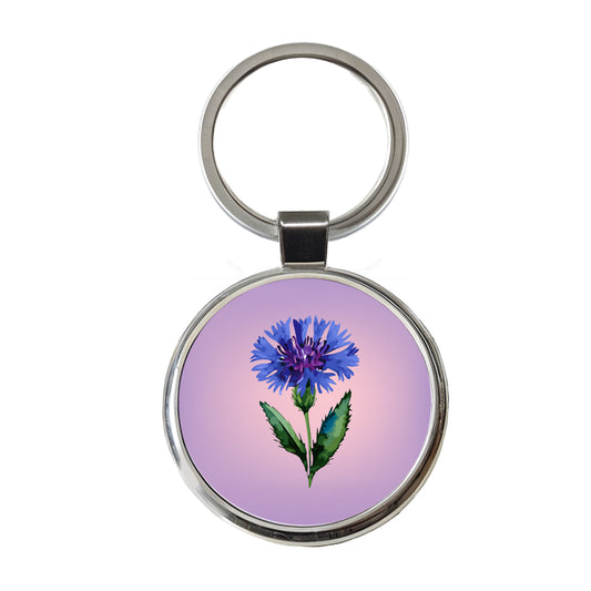 Cornflower Bachelors Buttons Flowers Blue Round Metal Keychain