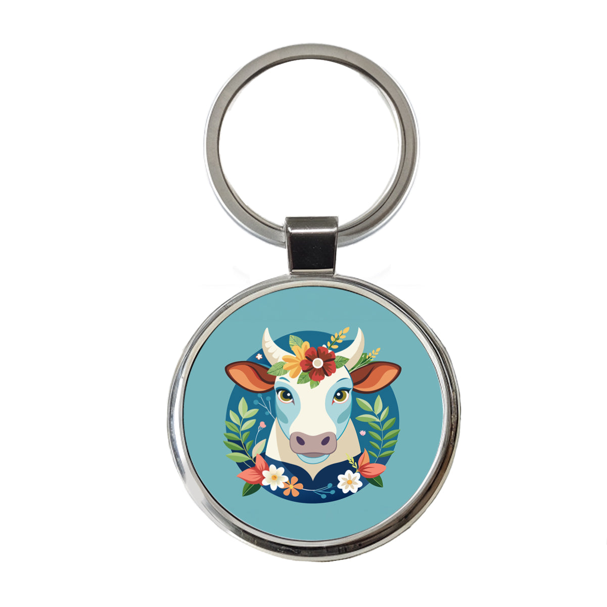 Cow Head Floral Flowers Round Metal Keychain