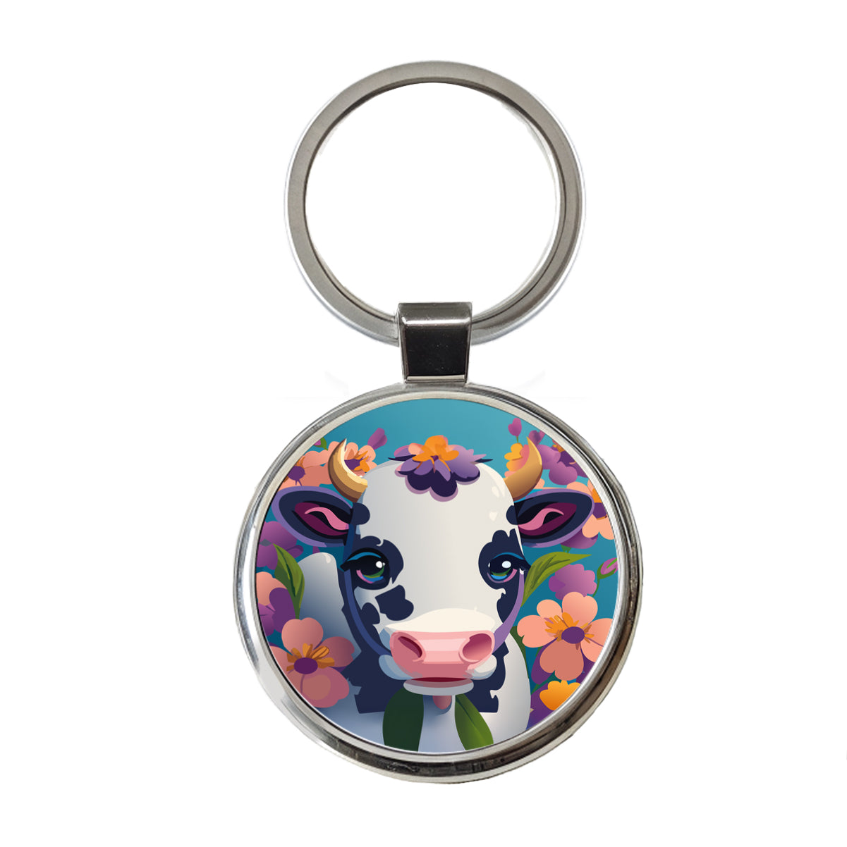 Cow with Flowers Round Metal Keychain