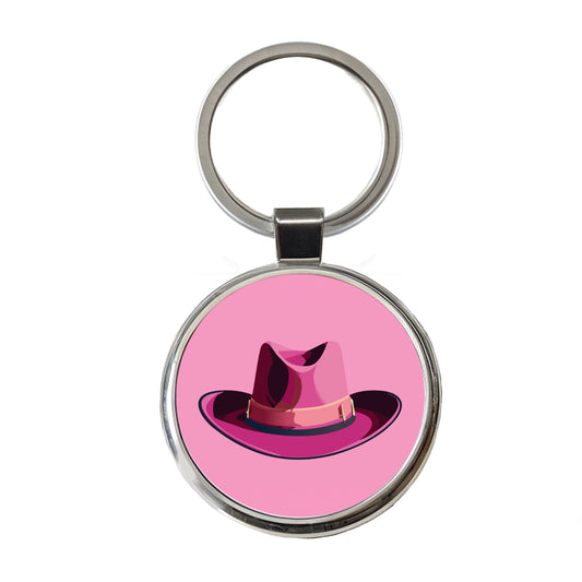 Cowgirl Hat Pink Western Country Round Metal Keychain
