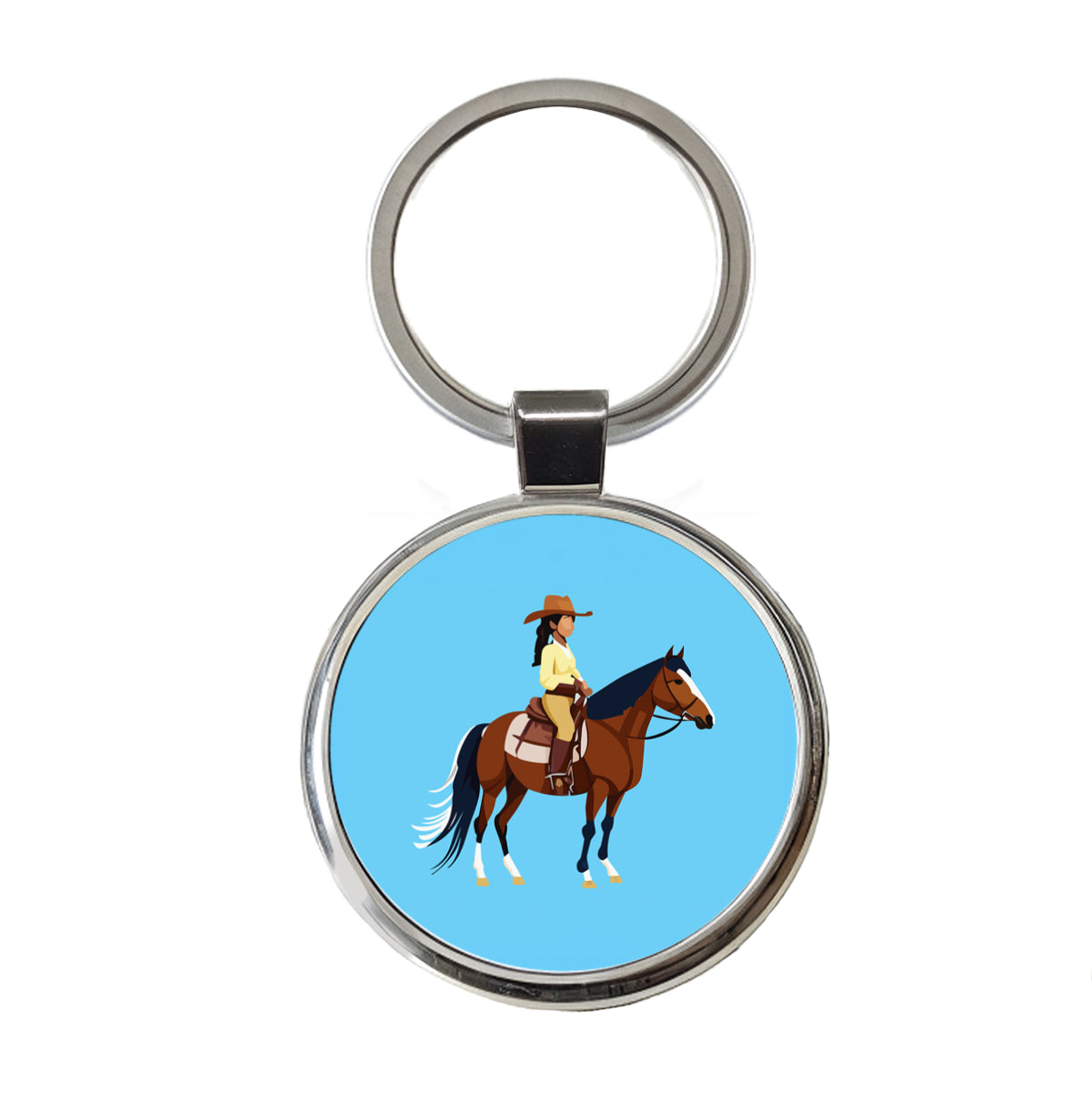 Cowgirl Woman on Horse Round Metal Keychain
