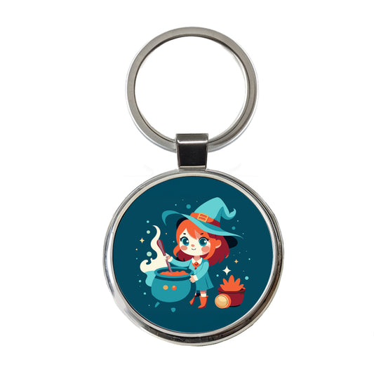 Cute Witch Stirring Cauldron Halloween Round Metal Keychain