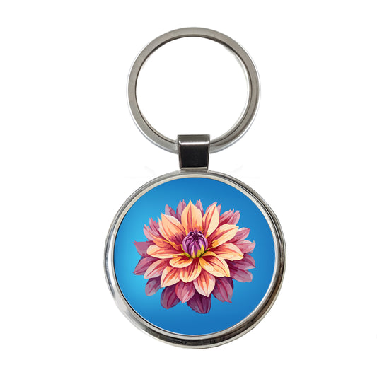 Dahlia Flower Round Metal Keychain