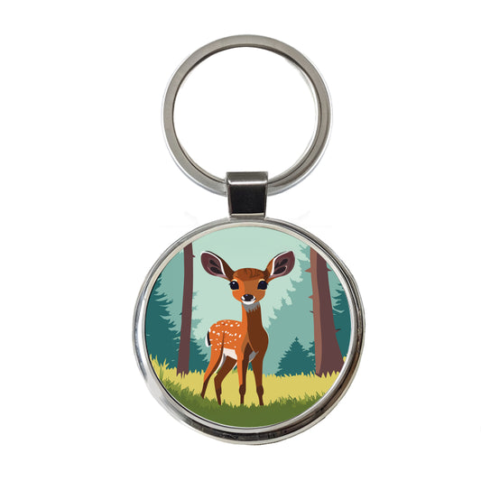 Deer Fawn Standing Round Metal Keychain