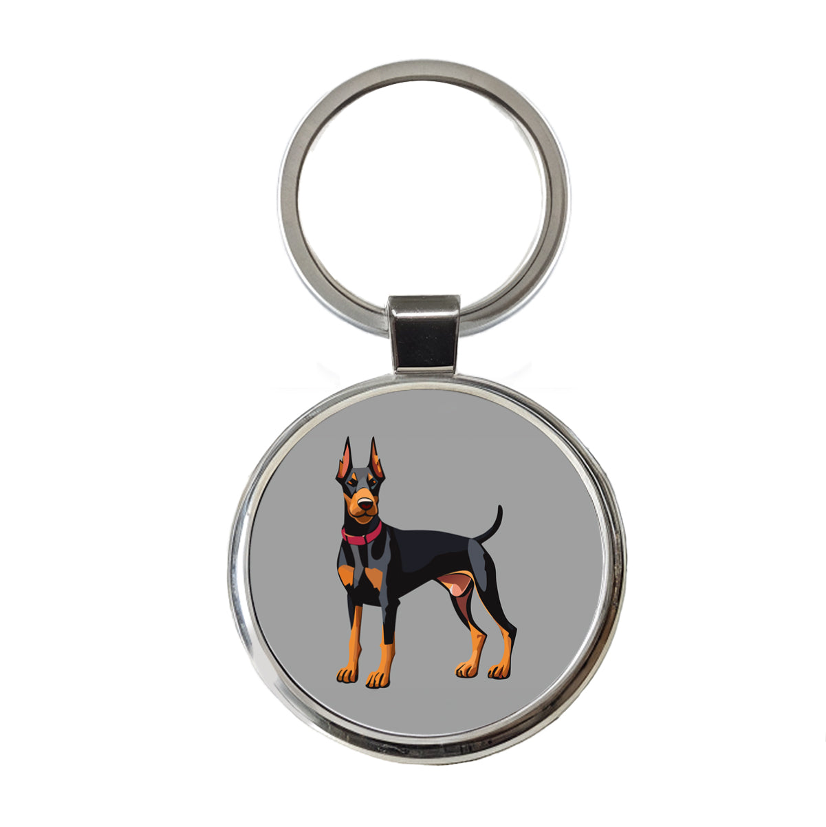 Doberman Dog Standing Round Metal Keychain
