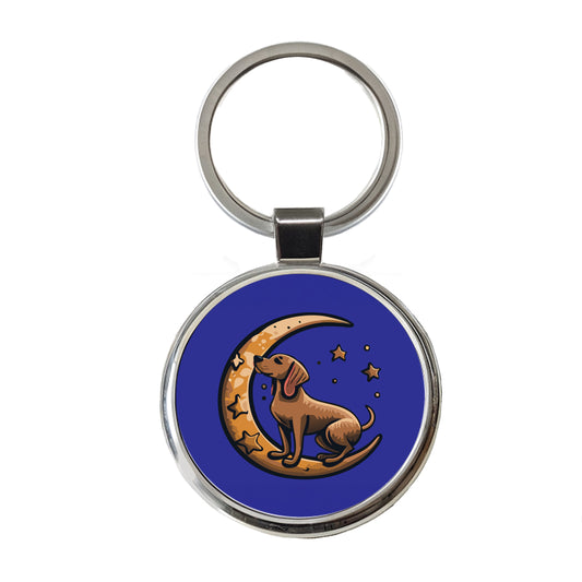Dog on Crescent Moon Stars Cute Round Metal Keychain