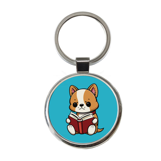 Dog Reading Book Round Metal Keychain