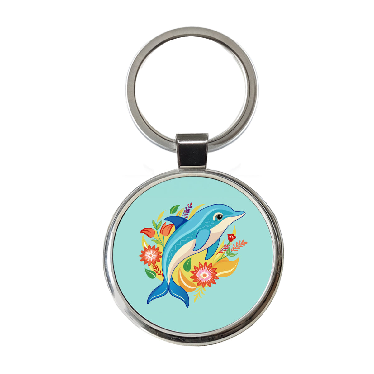 Dolphin Floral Flowers Round Metal Keychain
