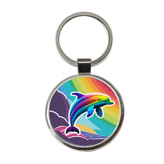 Dolphin Rainbow Cute Round Metal Keychain