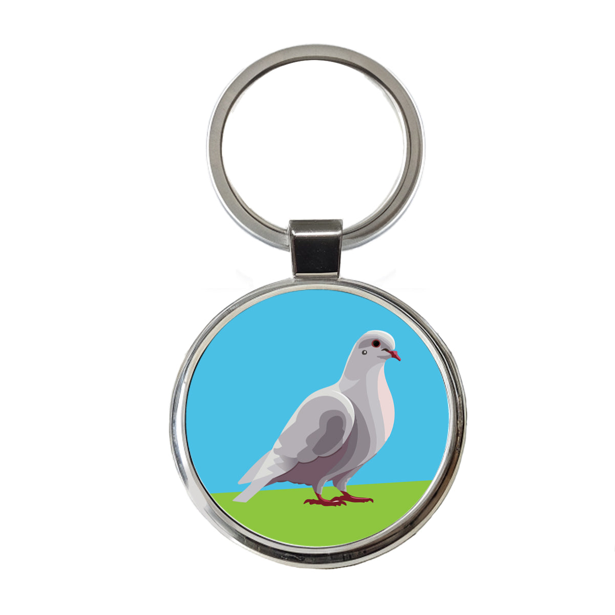 Dove Standing White Round Metal Keychain