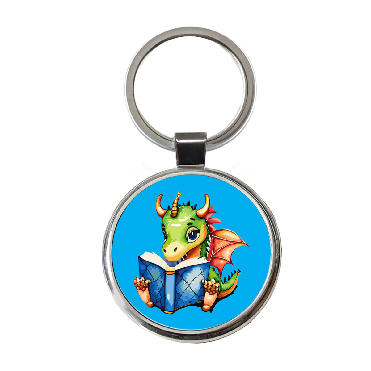Dragon Reading Book Reader Round Metal Keychain