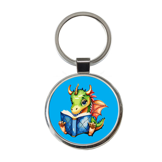 Dragon Reading Book Reader Round Metal Keychain