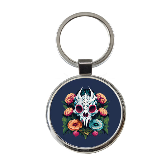 Dragon Skull and Flowers Round Metal Keychain