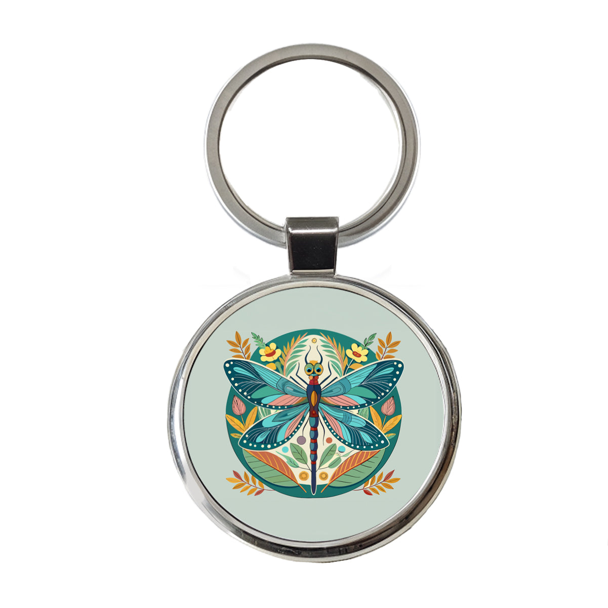 Dragonfly Floral Flowers Round Metal Keychain