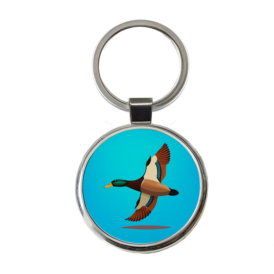 Duck Mallard Flying Hunting Round Metal Keychain