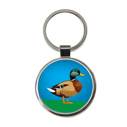 Duck Standing Profile Round Metal Keychain